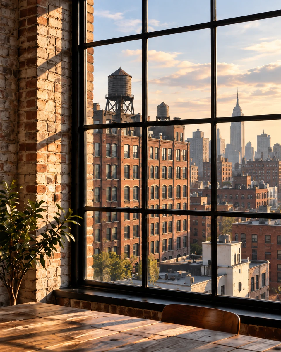 Sunlit brick loft window overlooking New York rooftops and water towers.